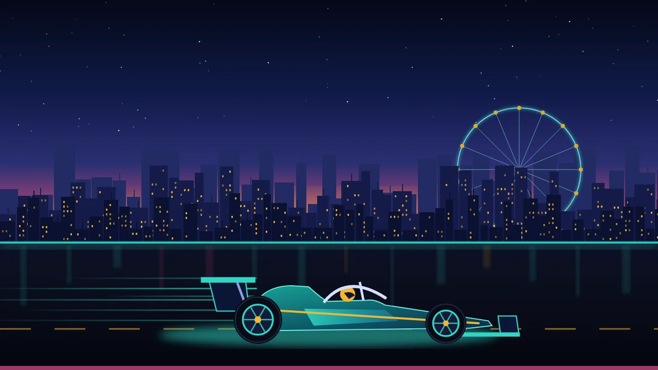 Singapore night skyline in neon colours with a race car on a street circuit
