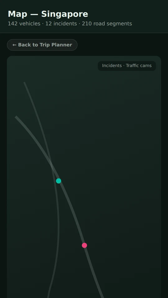 Phone screen showing the PantauSivik Map with a plotted route, Start trip and Live tracking buttons and a layers pill
