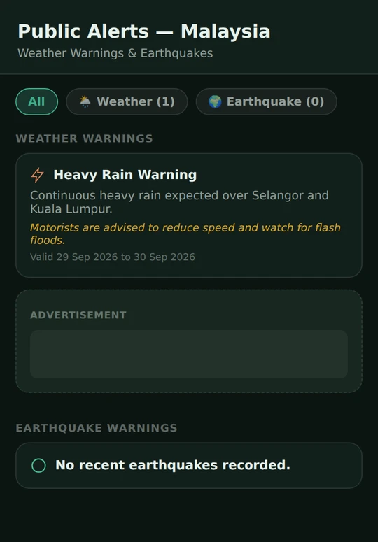 Phone screen showing Malaysia public alerts with a heavy rain weather warning and an earthquake section