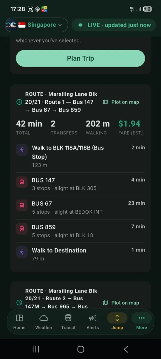 Trip Planner showing a bus route with walking steps and an estimated fare
