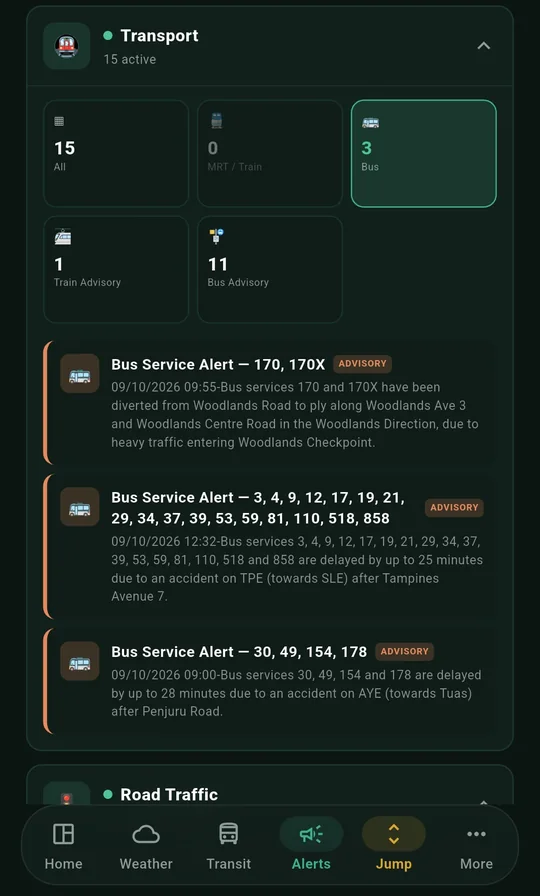 PantauSivik Alerts page showing the Transport category with bus service advisories